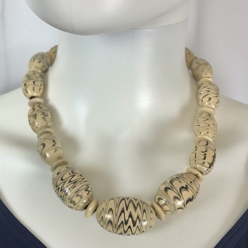 Vintage Hand Crafted Wooden Beads Necklace Hand Painted Beige & Black